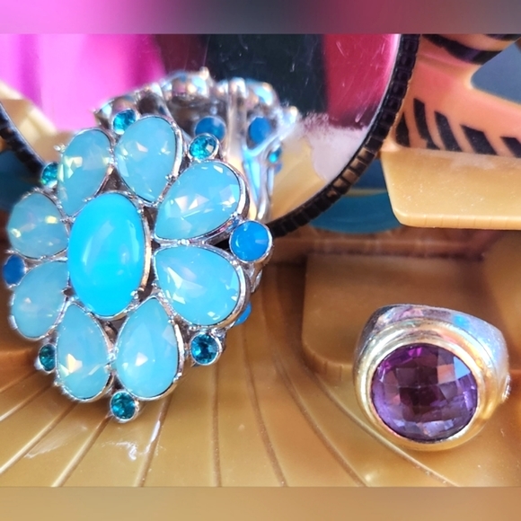 DIOR GLAM Turquoise Blues Silver MEGA Sparkly Rhinestones Gaudy Cocktail RING 2" - Picture 12 of 16